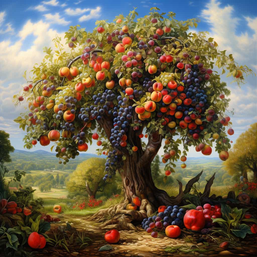 درخت میوه ای که میوه های مختلفی دارد در زمین سرسبز