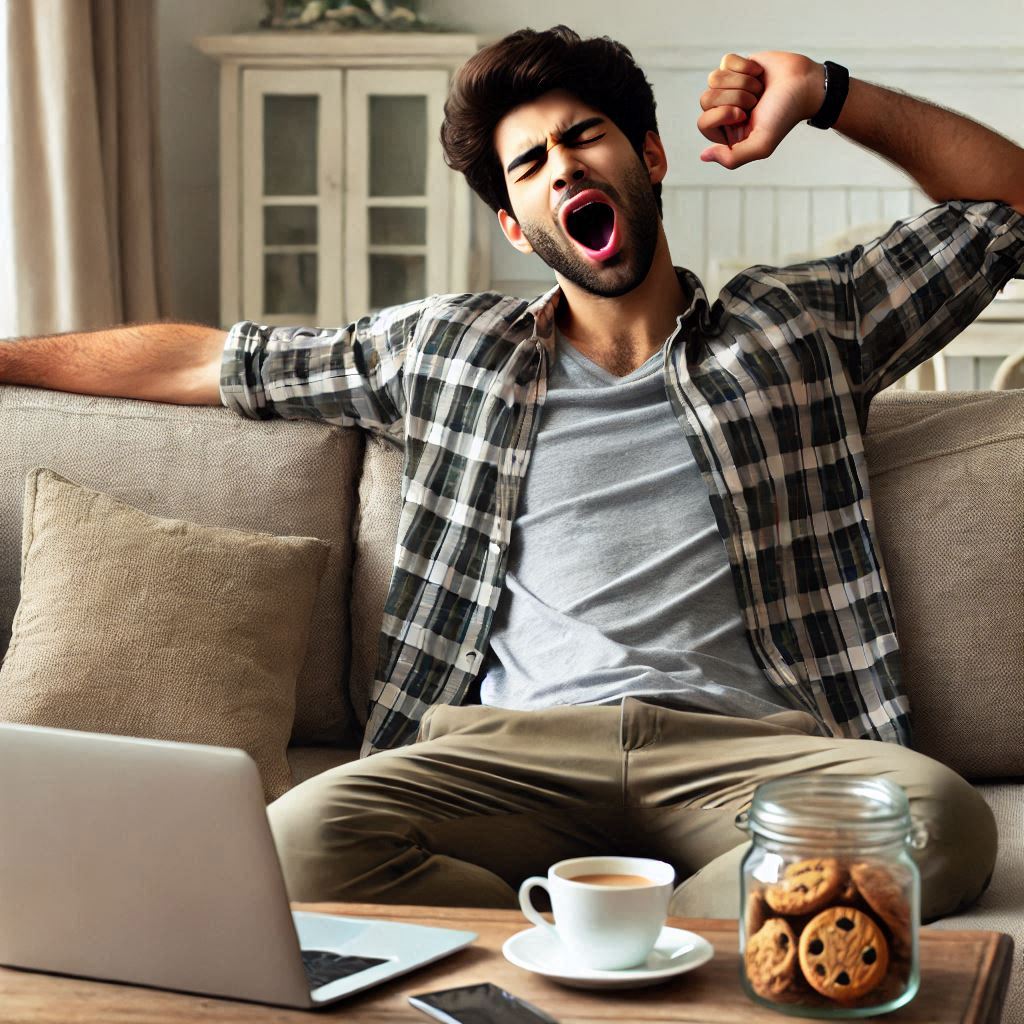 جوان خسته و تنبلی که در حال کار با لپ تاپ است