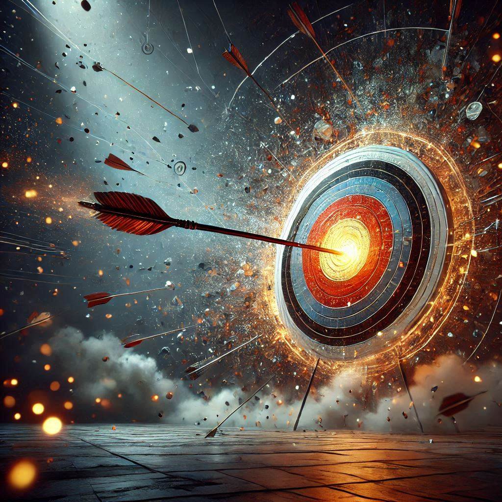 تیری که به نشانه دوری از تنبلی و سها انگاری به هدف خورده است در فضای ابریف جرقه های نورانی اطراف سیبل