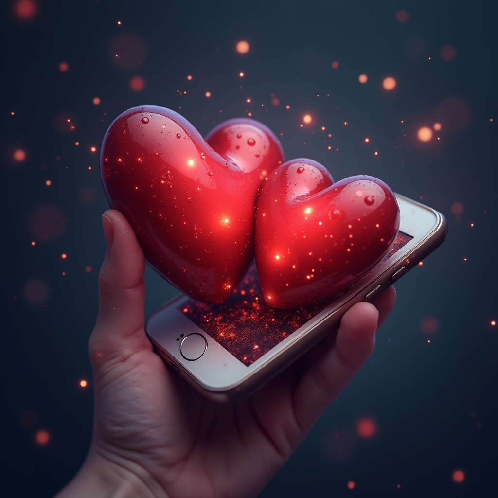 دو قلب قرمز و زیبا که روی موبایل قرار دارد و نشانه روابط سالم در فضای مجازی هستند