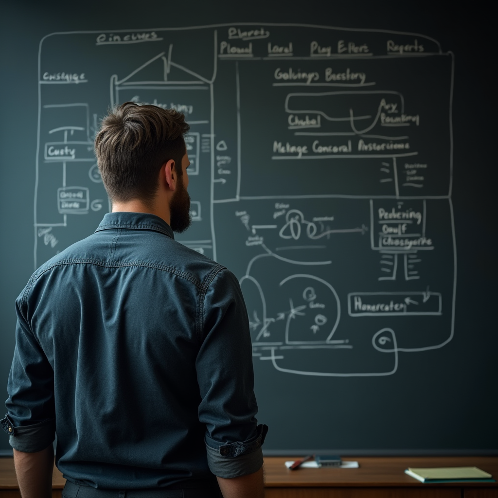 مردی در حال نگاه کردن به تخته ای که برنامه هایش را روی آن نوشته، برنامه ریزی برای افزایش قدرت تصمیم گیری