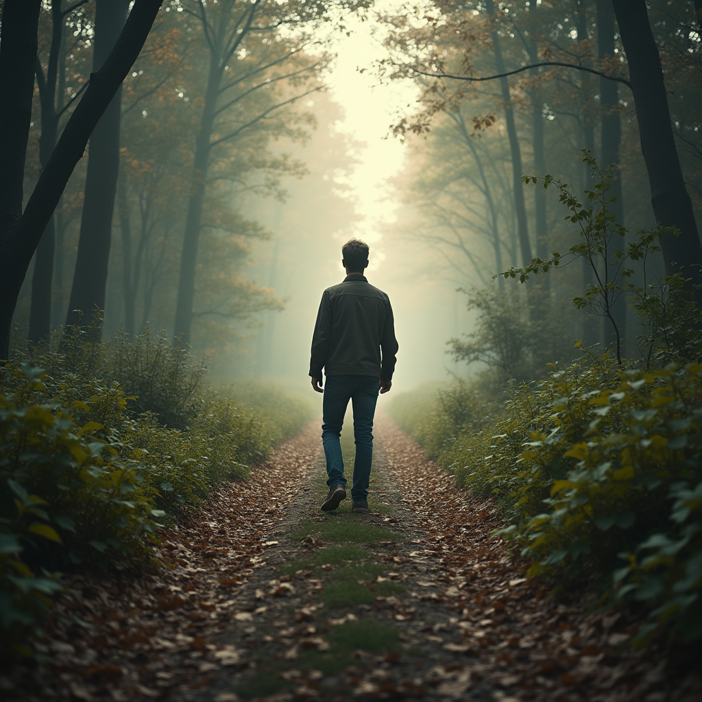 مرد جوانی که در حال عبور از یک جاده جنگلی زیباست