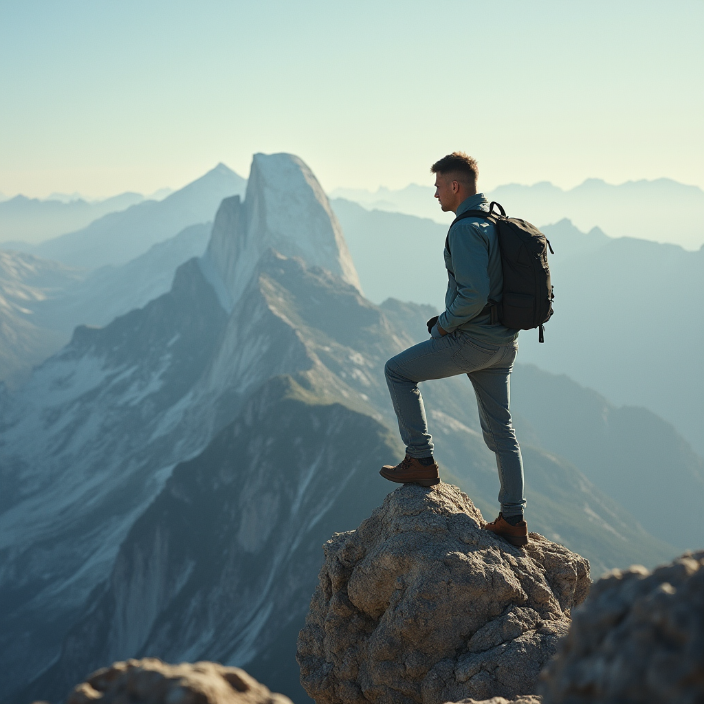 پسر جوانی که از قله گوه بالا رفته و تصمیم به صعود گرفته است