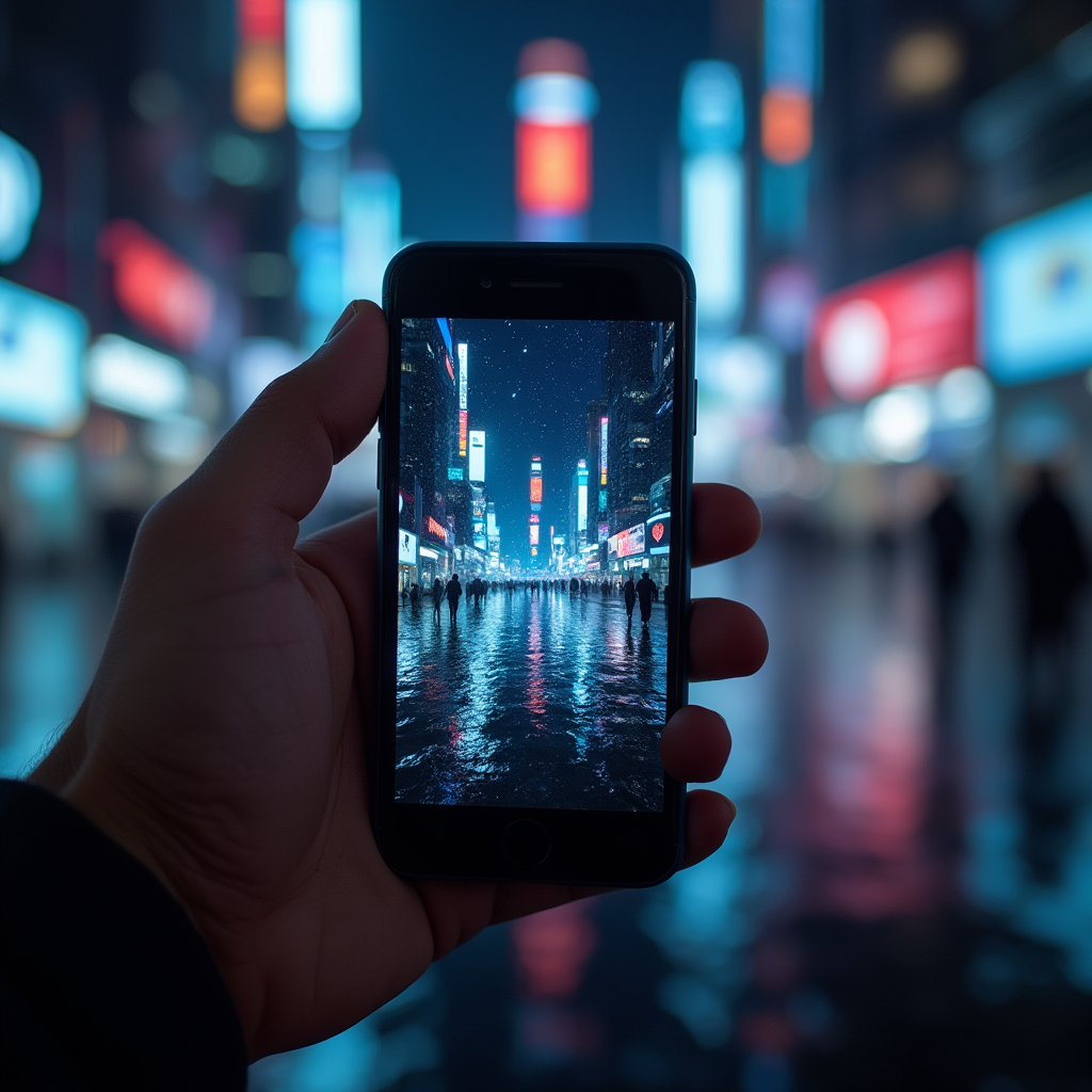 موبایل در دست یک مرد در خیابان های تاریک شب