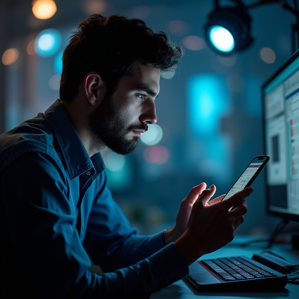 جوان ایرانی در حال کار با گوشی موبایل