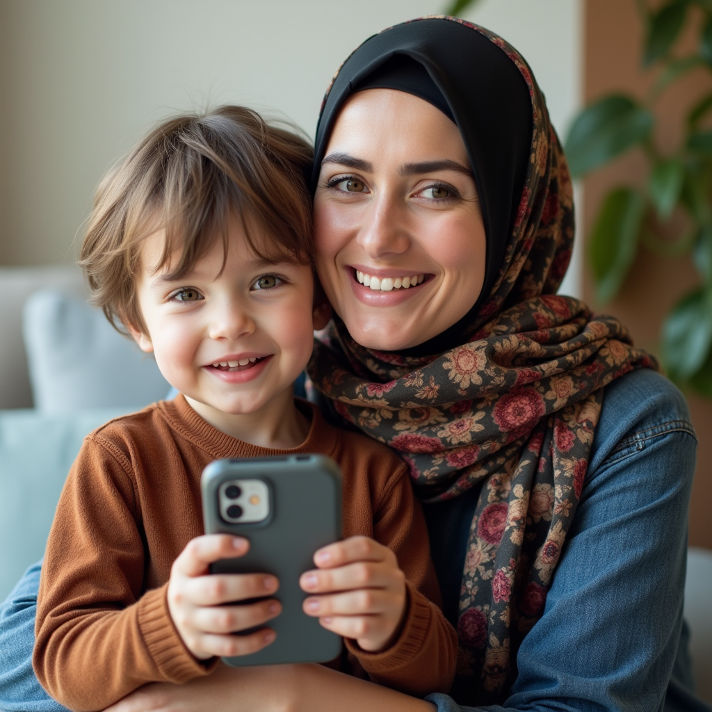 مادر جوان در کنار پسرش که گوشی موبایل در دست دارد و در حال لبخند زدن هستند