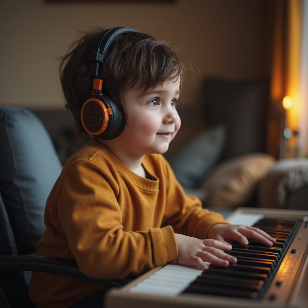 پسر بچه جوان و خوشحال هدفون به سر زده است و در حال کار با پیانو است