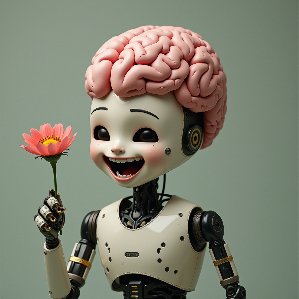 یک ربات با مغز انسان که گلی زیبا در دست دارد و می خندد