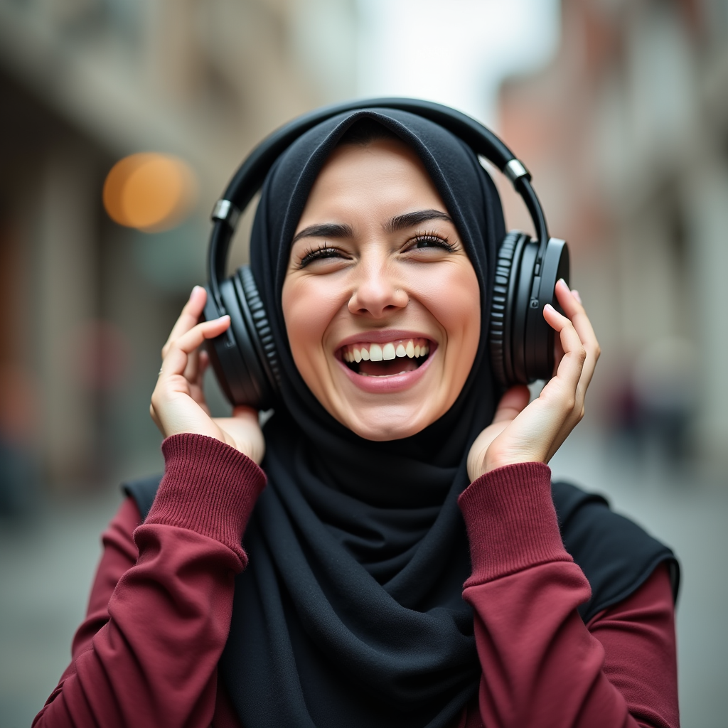 زن جوان ایرانی که هدفون بر سر دارد و در حال موشیقی درمانی است