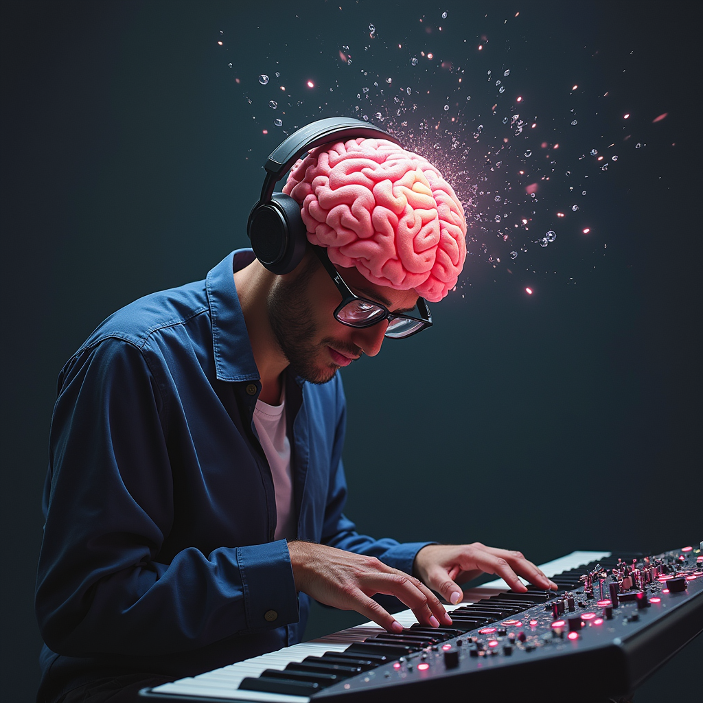 مرد جوان در حال پیانو زدن، مغز او تحت تاثیر مستقیم موسیقی قرار گرفته است