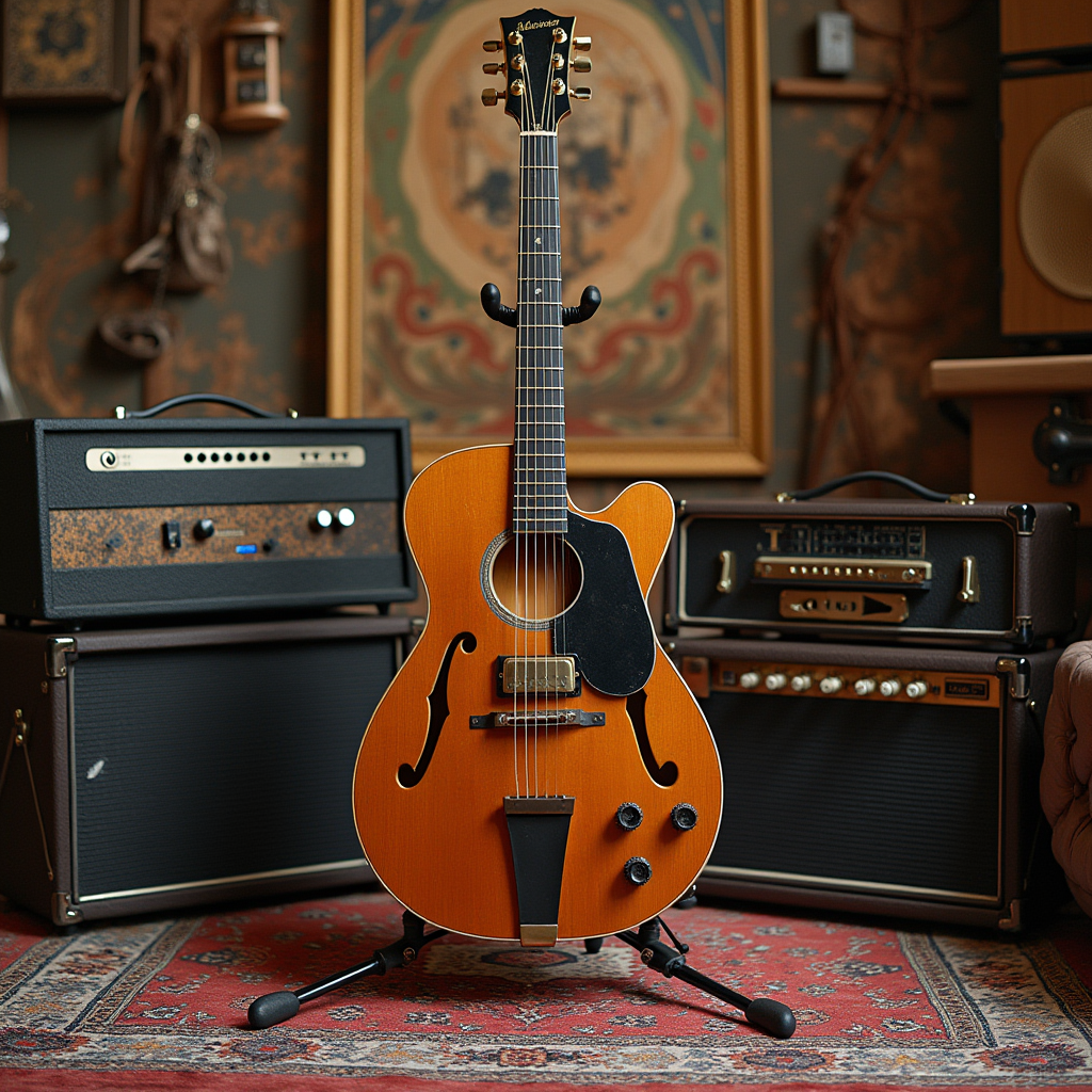 یگ گیتار بزرگ در اتقی قدیمی در کنار ابزار آلات موسقی