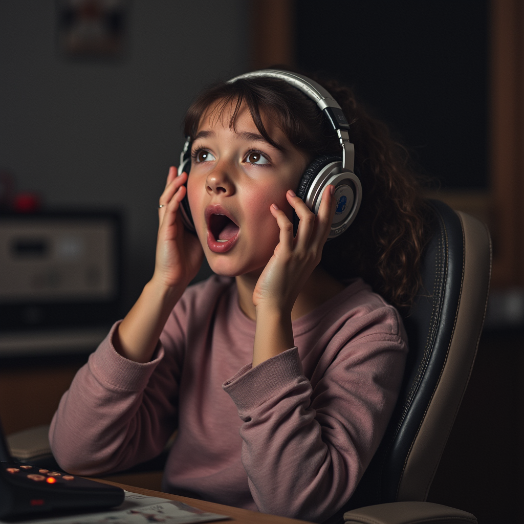 دختر جوان هدفون روی سر دارد و تحت تاثیر موسیقی قرار گرفته است