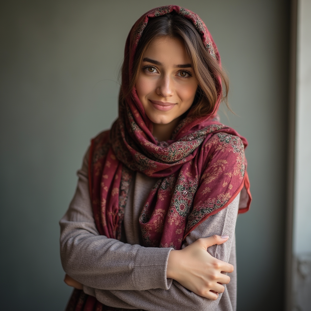 زن جوان ایرانی با روسری گلدار رنگی در حال لبخند زدن که خود را آنگونه که هست پذیرفته و خوشحال است