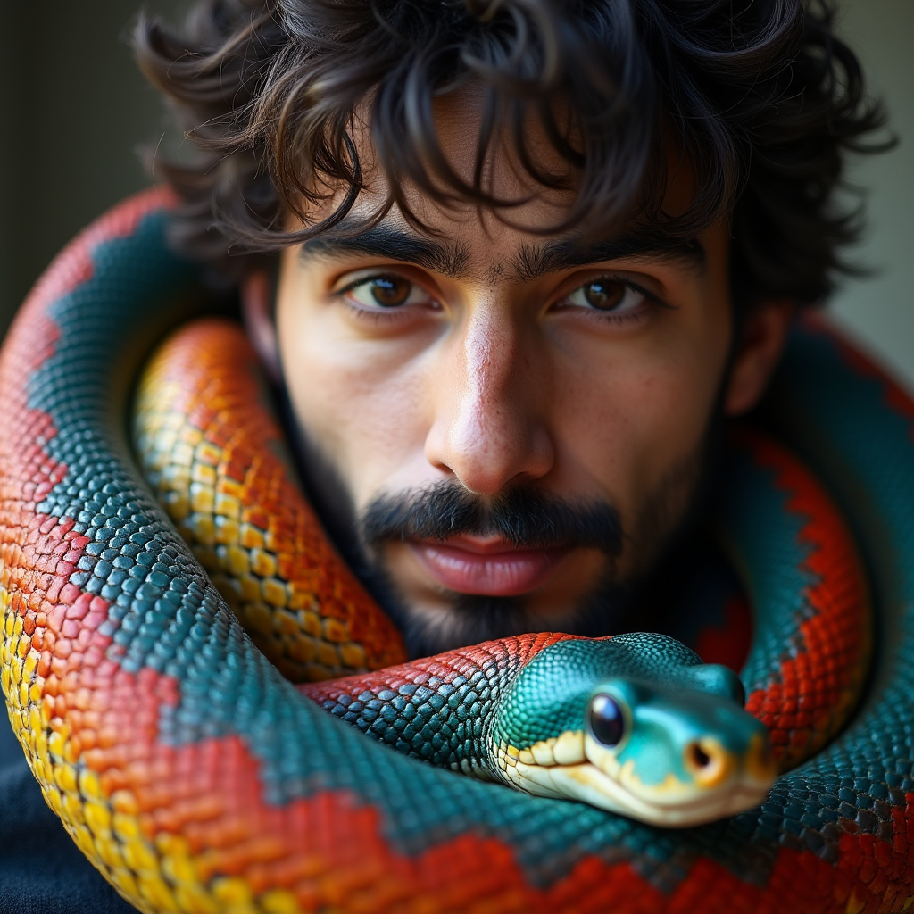 مار خوش خط و خالی که دور گردن جوانی پیچیده است