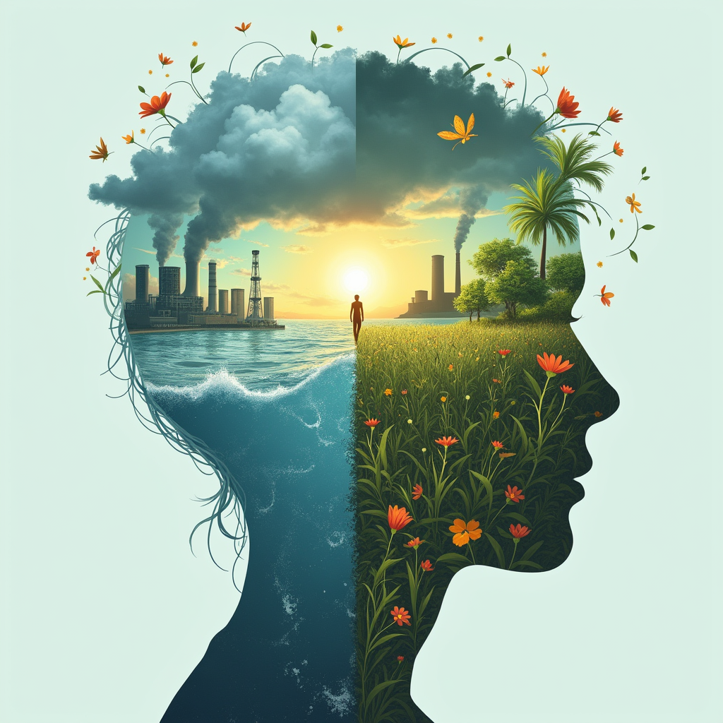 یک تصویر مفهومی که نشاندهنده عوامل روانشناختی مؤثر بر میزان آسیبپذیری در برابر تغییرات آب و هوایی است. نیمی از سر یک فرد با طوفان، دود و ابرهای تیره پر شده که اضطراب، استرس و افسردگی را نشان میدهد. نیمه دیگر با نور خورشید، سبزههای سرسبز و گلهای شکوفا روشن شده که نماد تابآوری، امید و قدرت ذهنی است.