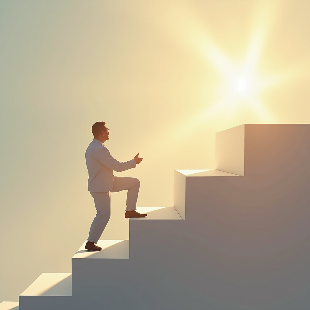 مردی در حال بالا رفتن از پله ها به نشانه پیشرفت، او به سمت خورشید و نور در حال حرکت است
