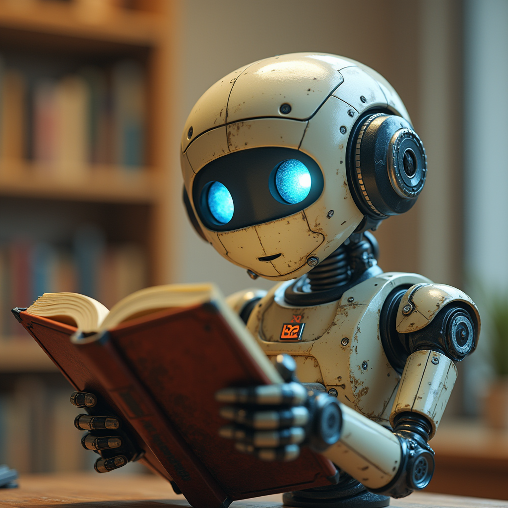 ربات هوش مصنوعی در حال مطالعه در اتاق پر از کتاب