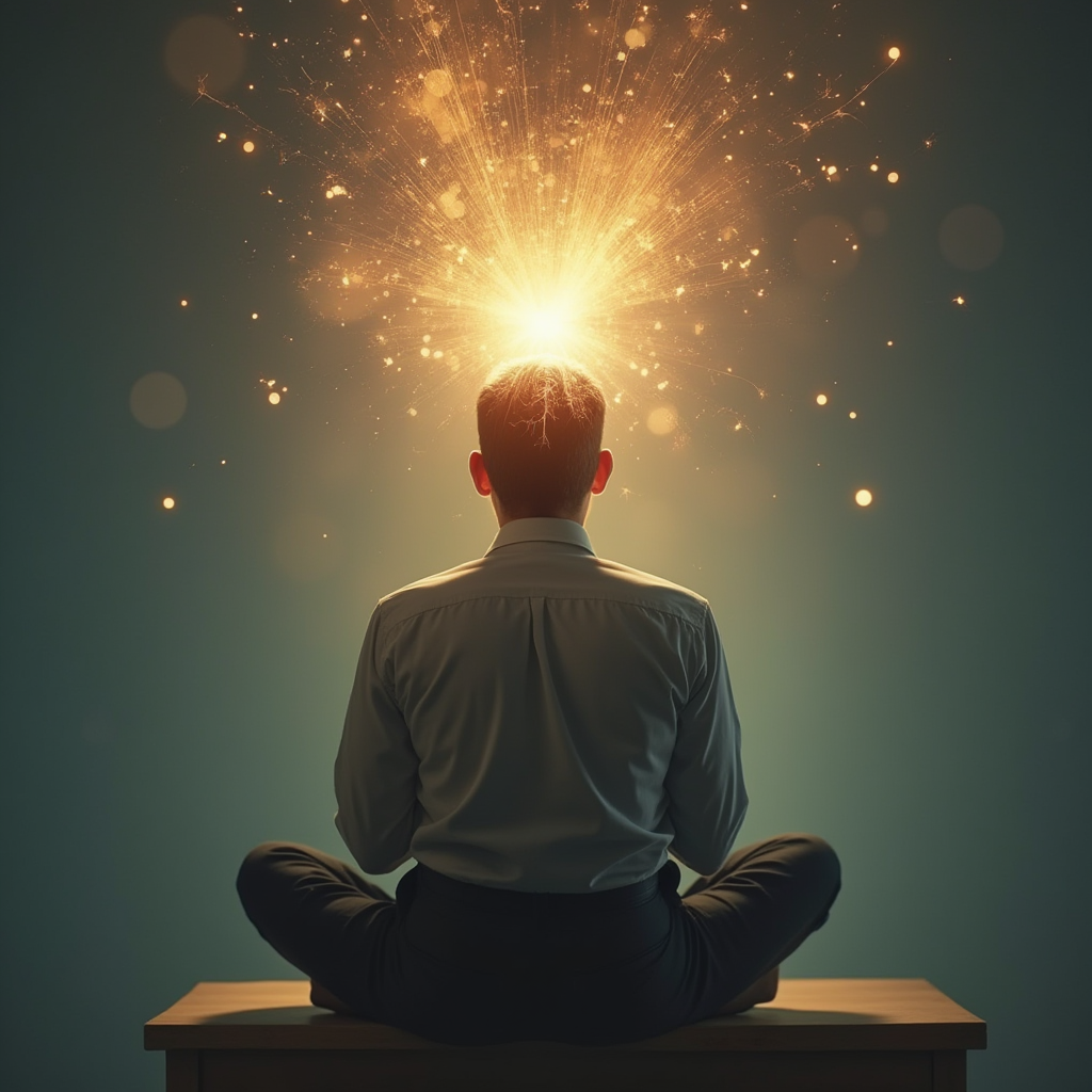 یک فرد با حالتی متفکر ایستاده یا نشسته است، در حالی که یک نور یا الهام ناگهانی در بالای سر او ظاهر میشود. از مغز او یا اطراف سرش، خطوط نوری، جرقهها یا اشکال انتزاعی مانند لامپ روشن یا جریان انتقاد سازنده به سمت بیرون منتشر میشود.
