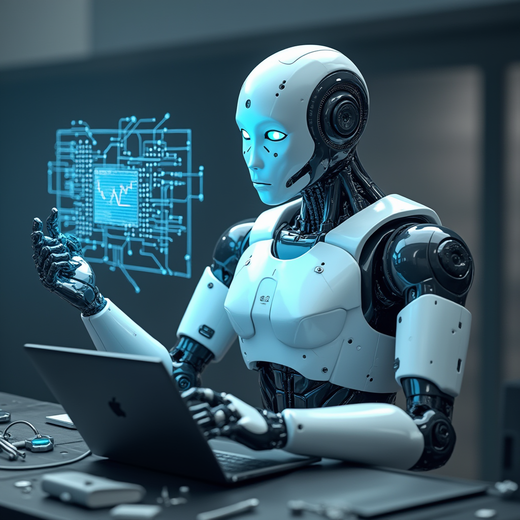 یک ربات در حال تولید ابزارهای مختلف هوش مصنوعی