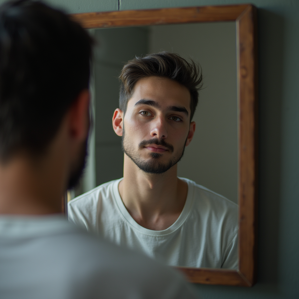 مرد جوانی که در آینه نگاه میکند و در حال گفت و گو با خود است