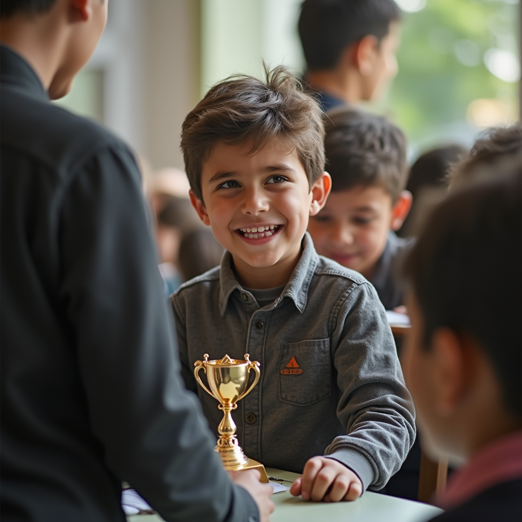 پسربچه ای که در مدرسه جایزه گرفته و خوشحال است