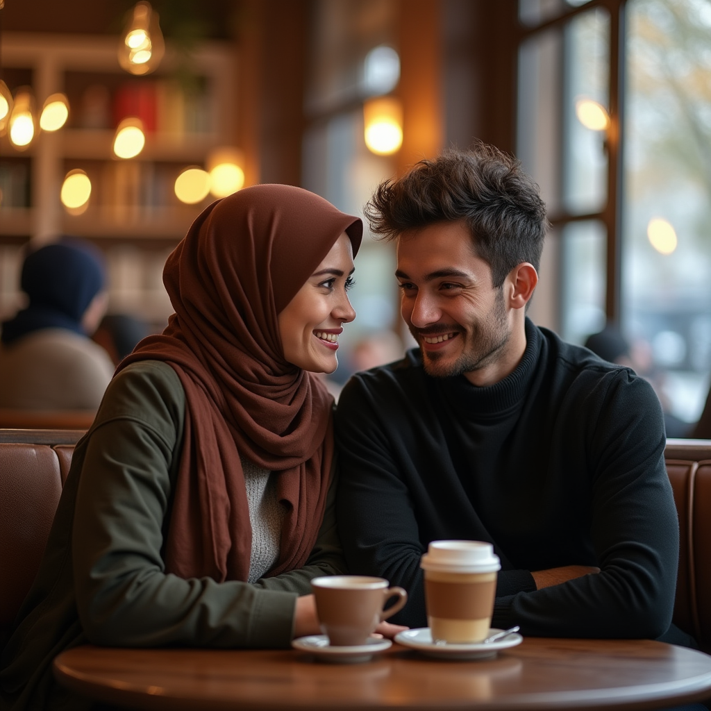 زوج جوانی که در کافه نشسته اند و حال گفت و گو هستند