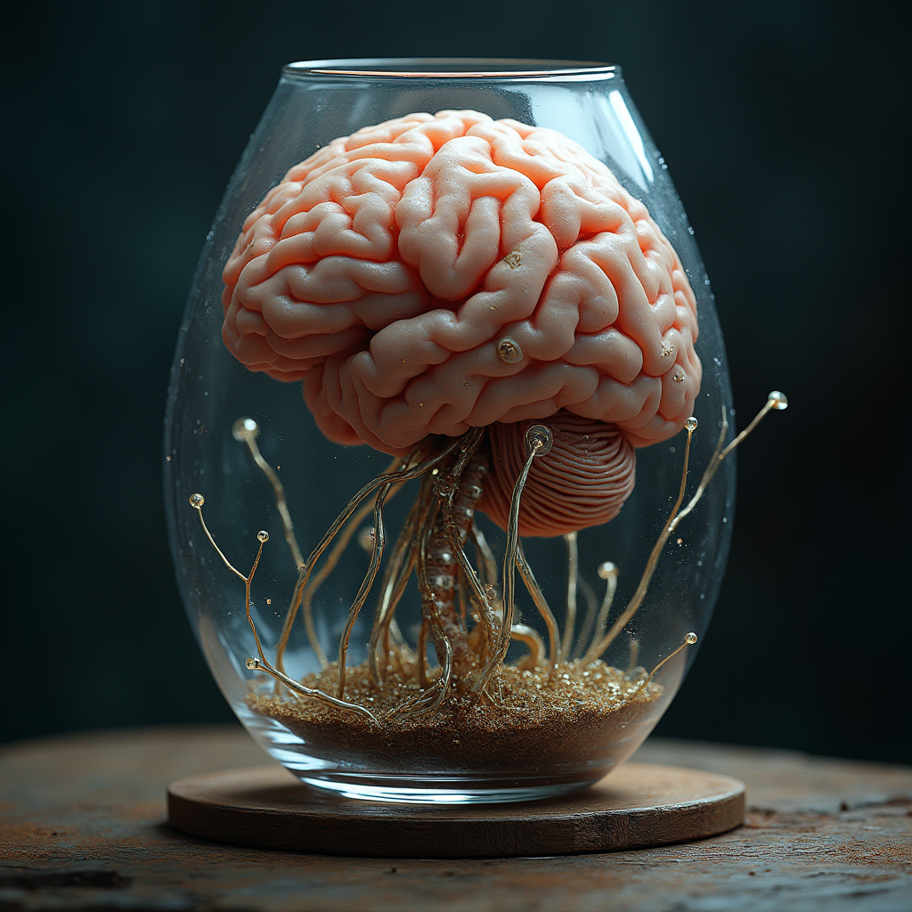 مغز انسان که درون شیشه قرار گرفته است و مثل درخت به نشانه روان سالم رشد کرده است
