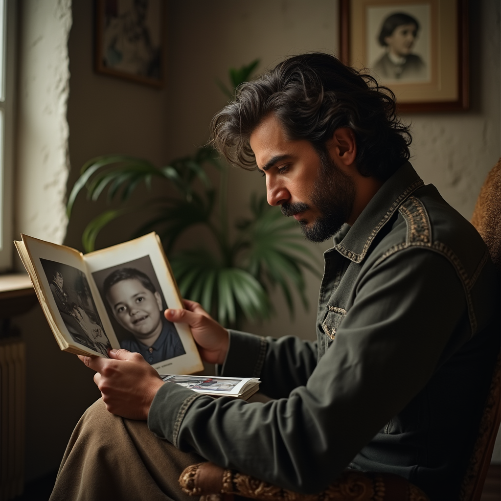 مرد ایرانی در حال نگاه به آلبوم عکس های کودکی و یاد کردن از خاطرات کودکی