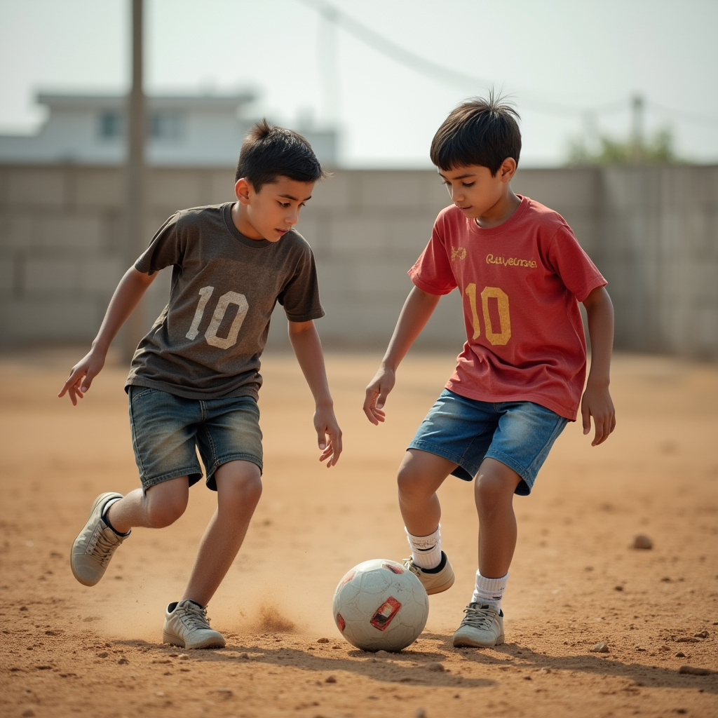خاطرات کودکی دو پسر نوجوان در حال فوتبال در زمین خاکی