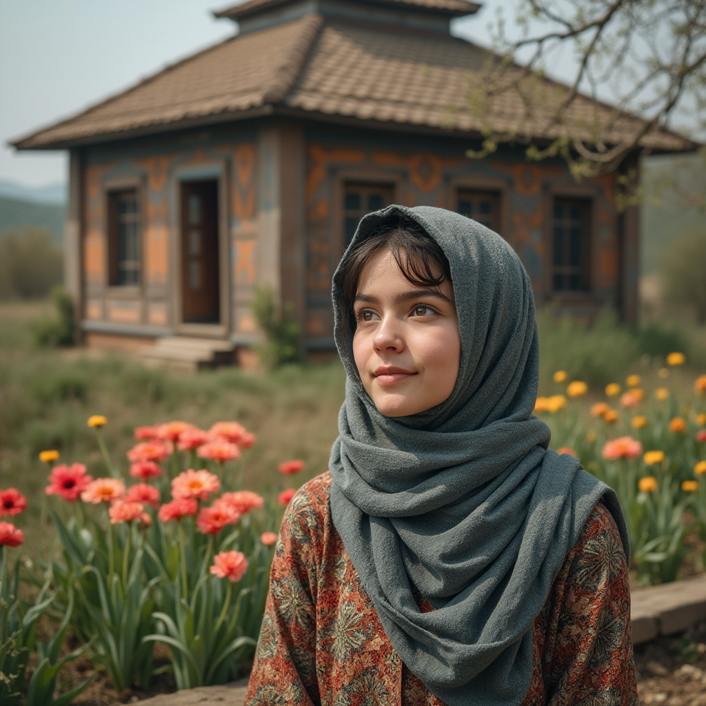 دختر جوان روستایی در کلبه جنگلی در میان سبزه و گلها