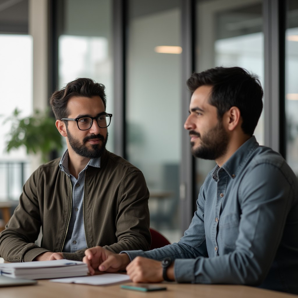 دو نفر مرد جوان در حال گفت و گو و انتقاد سازنده از یکدیگر در محل کار