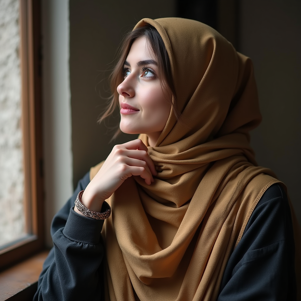 دختر زیبای ایرانی در که به پنجره خیره شده و در حال فکر کردن است