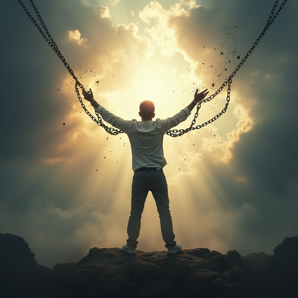 شخصی که زنجیرهای ترس از شکست را میشکند، با پسزمینهای از نور و فضای آزاد. تصویر نمادین از رهایی و غلبه بر ترس