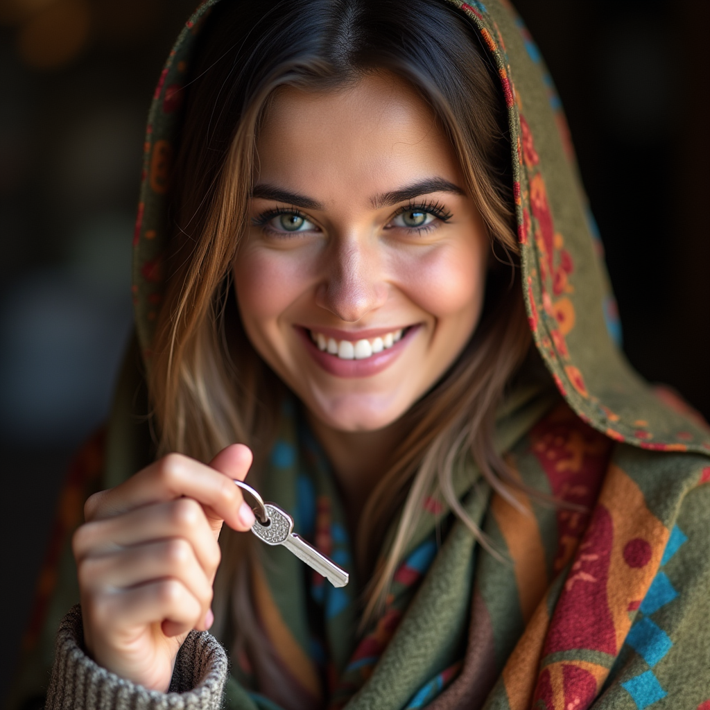 زن جوان ایرانی که کلید در دست دارد و در حال لبخند زدن است