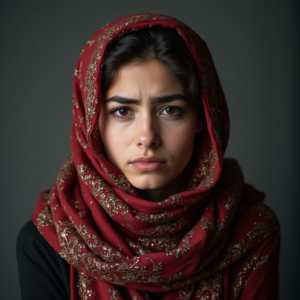 زن جوان و زیبای ایرانی با روسری گلدار رنگی ، ترس از شکست بر او غلبه کرده و استرس دارد