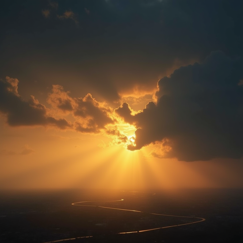 منظرهای از پایان یک طوفان سهمگین که ابرها در حال کنار رفتناند و خورشید طلایی از افق میتابد. احساس آرامش و امید و شروعی تازه.