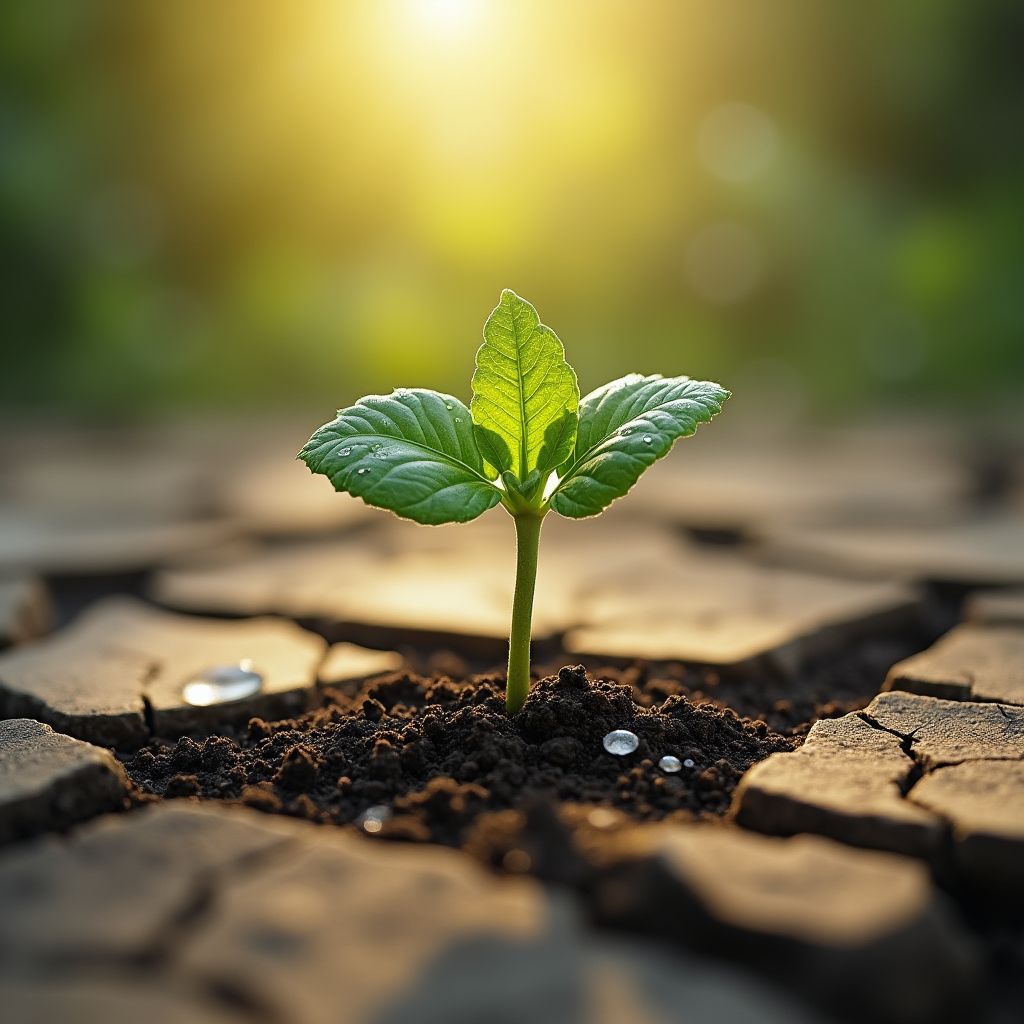جوانهای سبز که از دل خاک ترکخورده و خشک بیرون زده، نور خورشید آن را روشن کرده و قطرات آب روی آن دیده میشود. نمادی از امید در شرایط سخت.