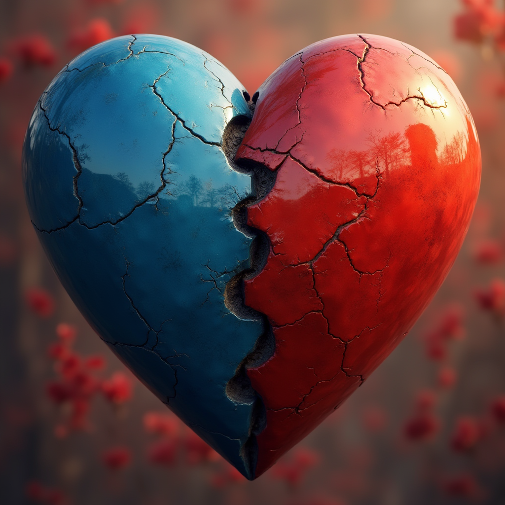 یک قلب بزرگ که از دو رنگ متفاوت تشکیل شده، هر طرف با بافت و رنگ مخصوص خودش، اما در مرکز کاملاً به هم متصل شده‌اند به نشانه تفاوت های فردی در ازواج