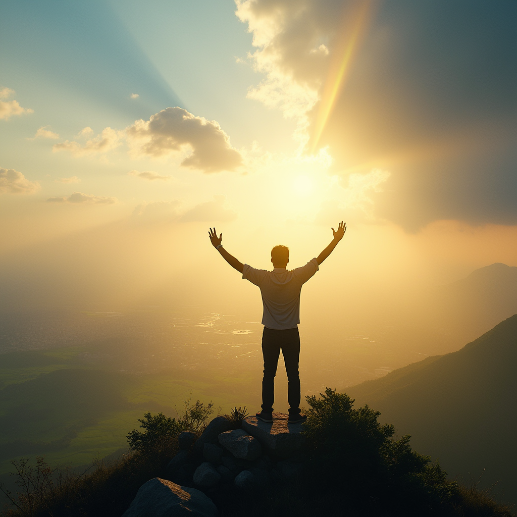 یک فرد ایستاده بر فراز یک قله، دستانش را به سوی آسمان باز کرده، در حالی که نور طلایی از پشت ابرها به او میتابد. فضای تصویر الهامبخش، آرام و پر از رنگهای گرم مثل طلایی و آبی آسمانی باشد. در پسزمینه منظرهای از دشتهای سبز یا شهری درخشان دیده شود که نماد موفقیت و آینده روشن است.