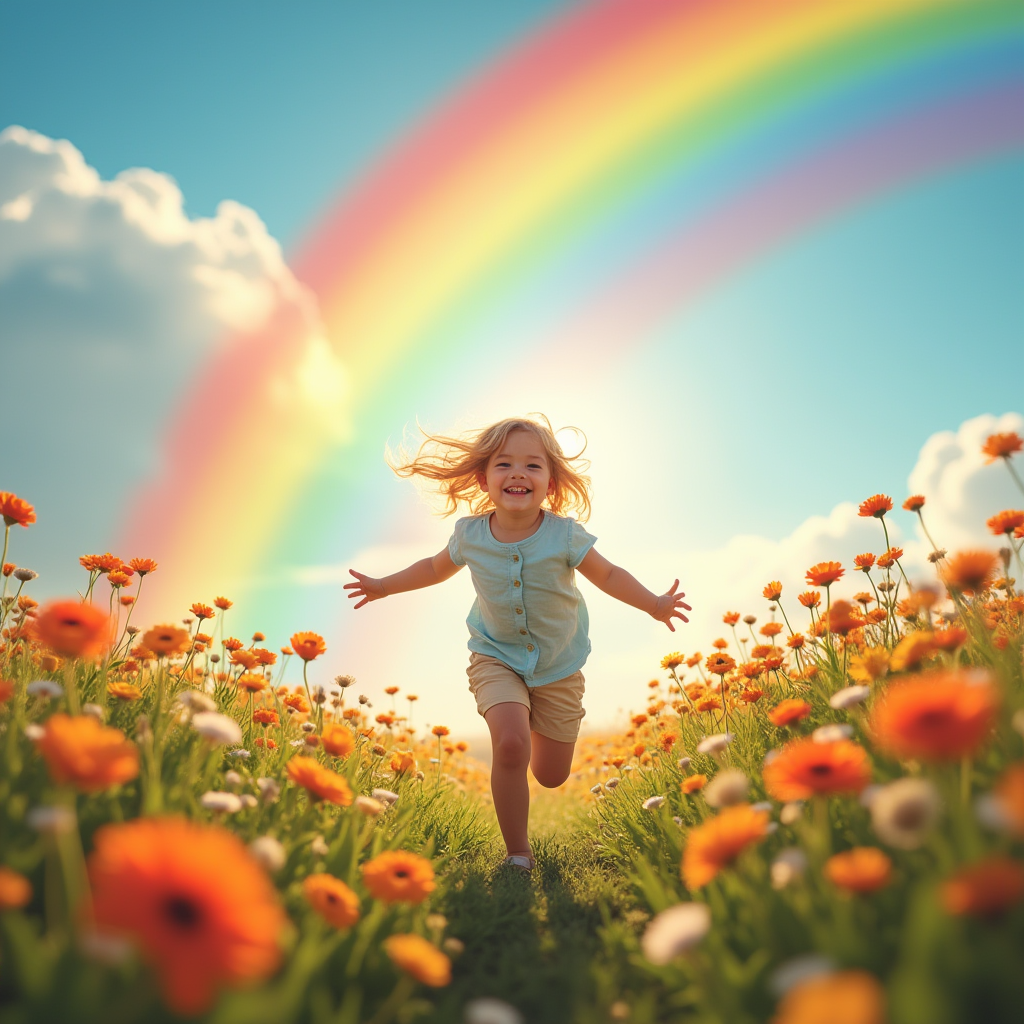 کودکی که با لبخند و شادی در دشتی پر از گل در حال دویدن است و در آسمان بالای سرش رنگینکمان دیده میشود.