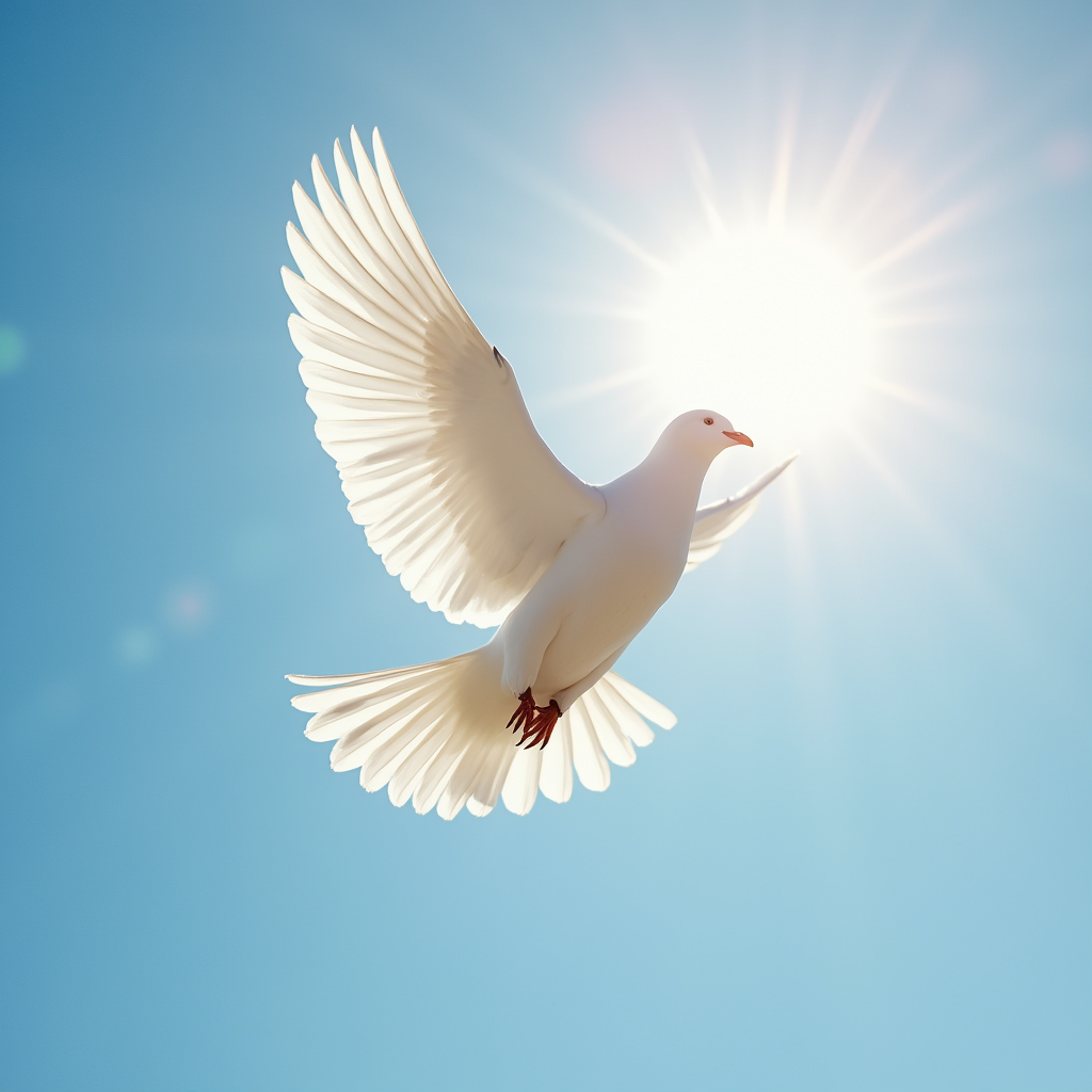 ک پرنده سفید (مثل کبوتر) در حال پرواز در آسمانی آبی با نورهای طلایی، نماد رهایی، امید و صلح درونی.