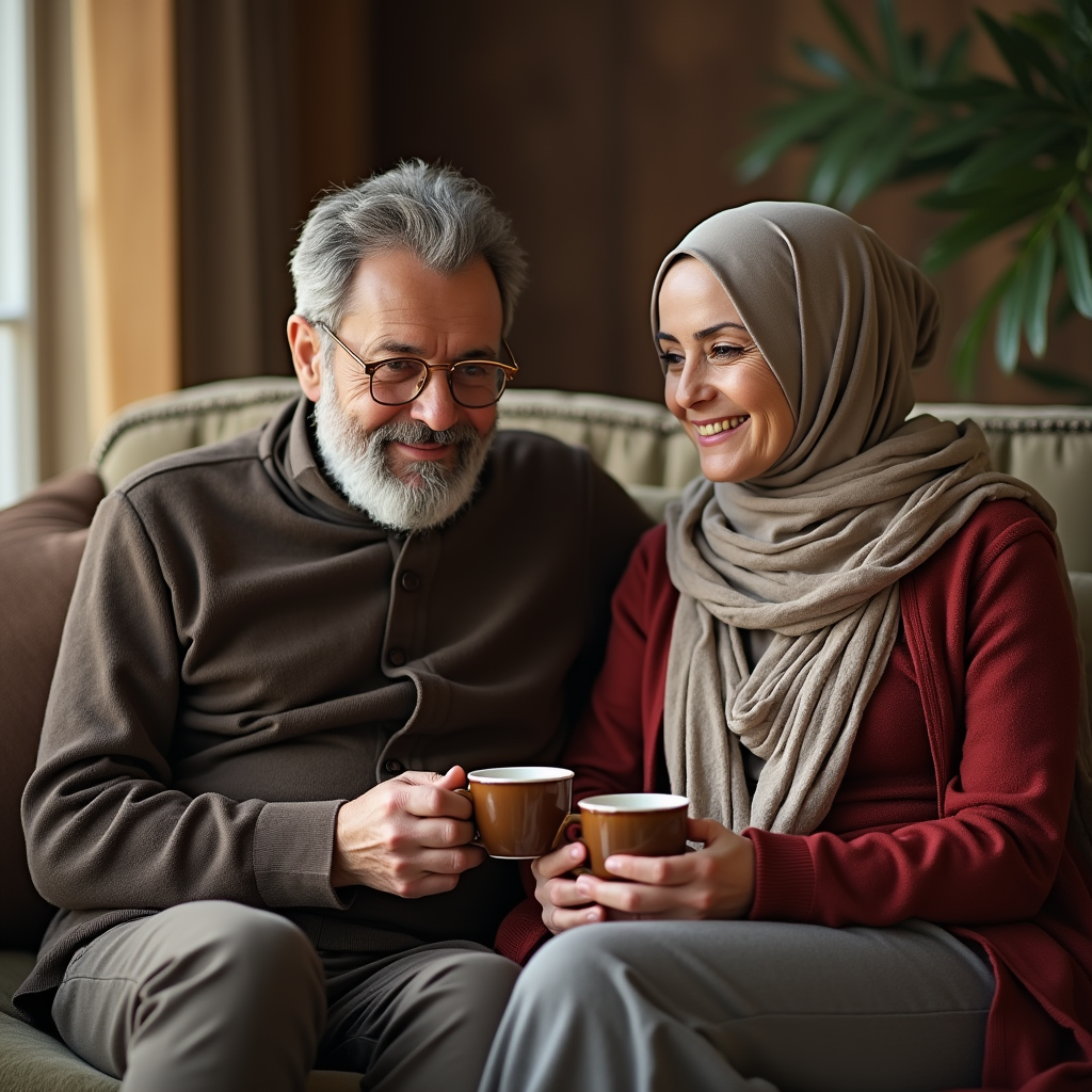 والدین ایرانی در حال خوردن چای که روی مبل نشسته اند