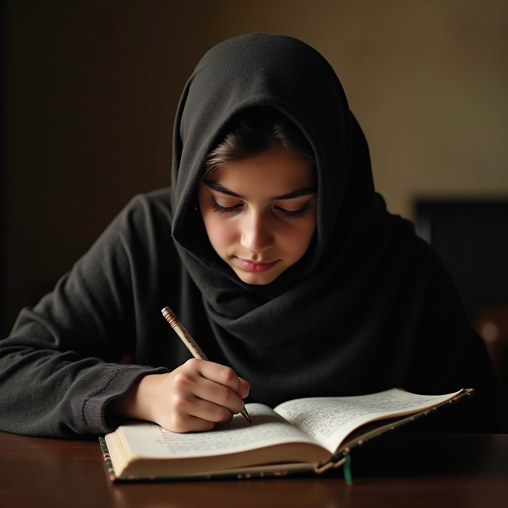 دختر نوجوان ایرانی با روسری، در حال نوشتن در دفترچه یادداشت، فضای شخصی، احساساتی و آرام