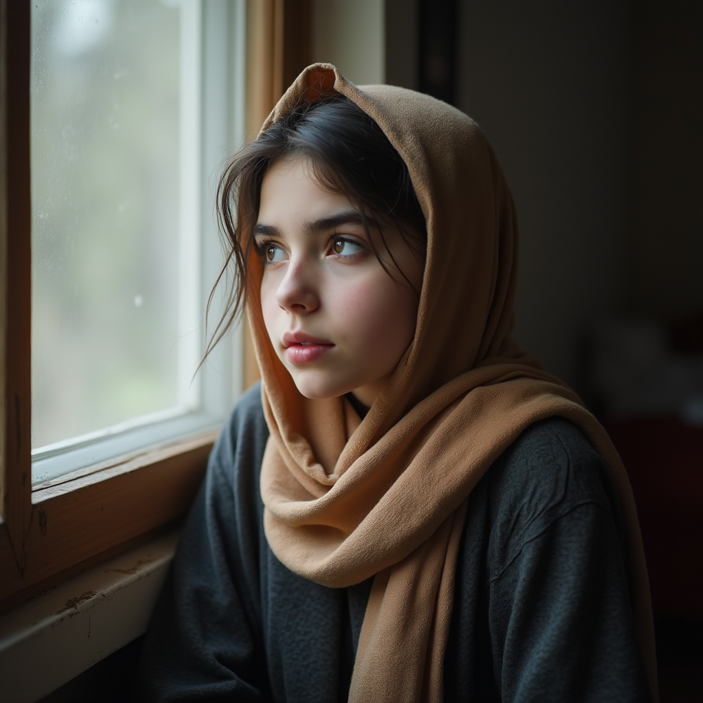 دختری نوجوان ایرانی با روسری ساده، در حال تفکر، نشسته کنار پنجره با نور طبیعی، چهره مملو از احساسات درونی و هویت جنسی