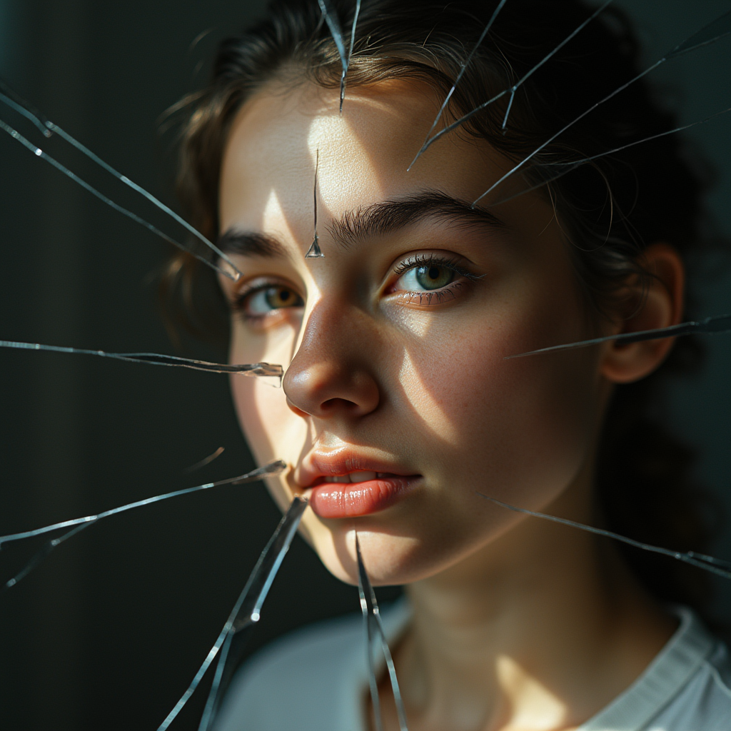 صورت نوجوان ایرانی در قطعات شکستهٔ آینه، هر تکه بازتابی متفاوت، با نور ملایم و فضایی احساسی