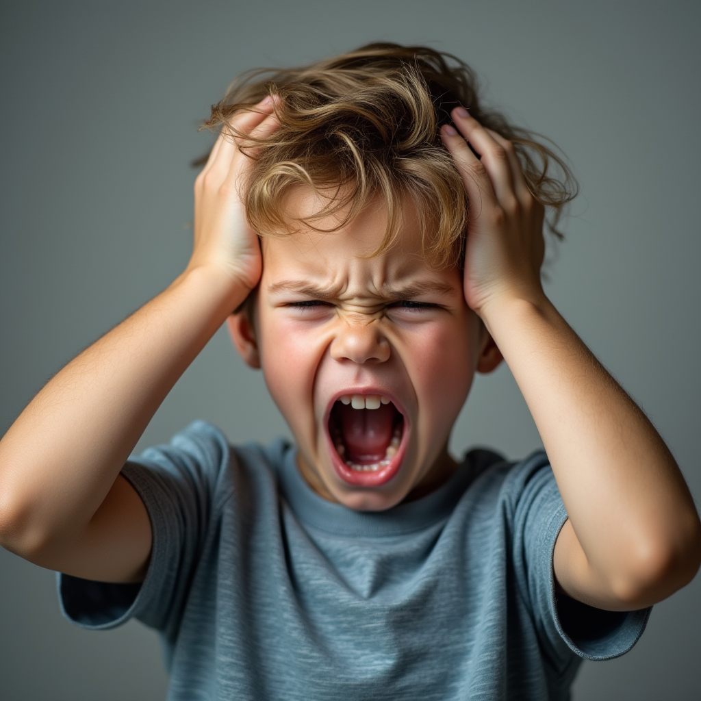 کودک عصبی و ناراحت که از شدت عصبانیت دست روی سر خود گذاشته