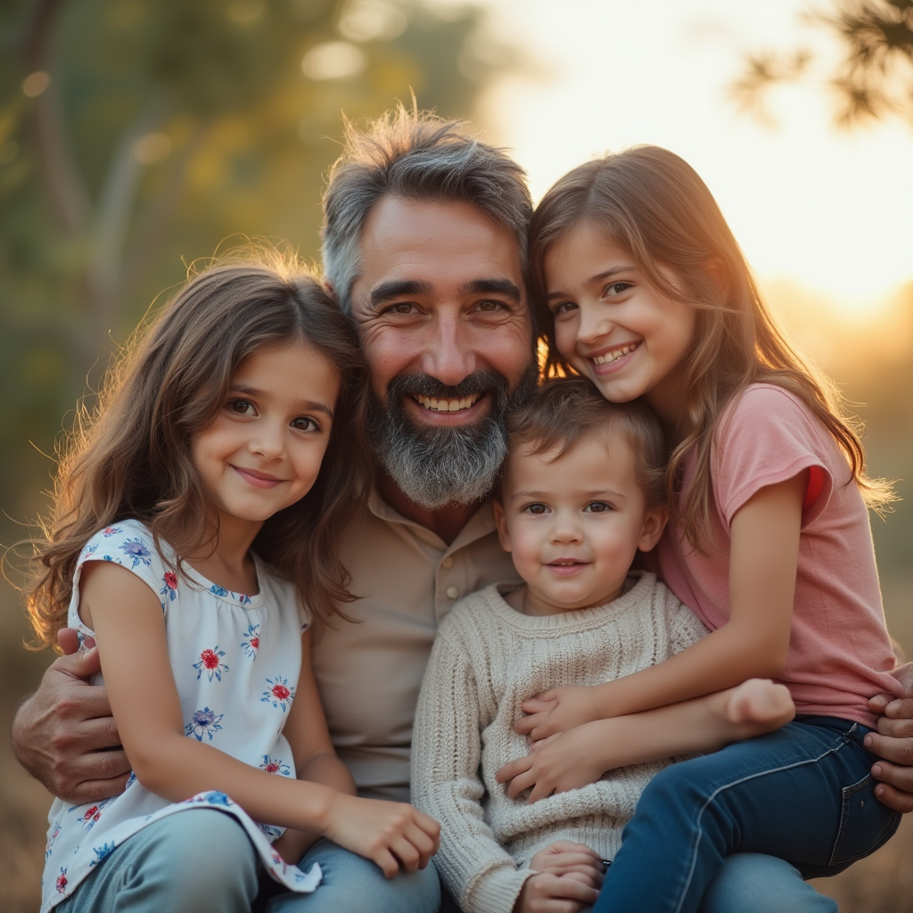 پدر در کنار فرزندانش در فضای باز