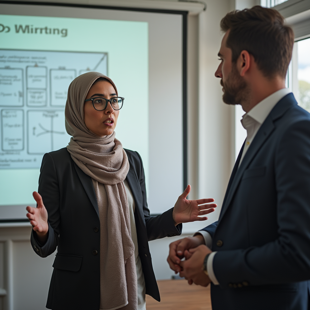 زن و مرد در یک دفتر کار حرفه‌ای، هر دو در حال ارائه یا تصمیم‌گیری، زن با زبان بدن باز و مرد با نگاه متمرکز