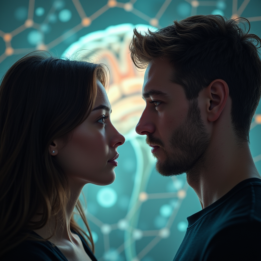 نیم‌رخ چهره یک زن و یک مرد که روبه‌روی هم ایستاده‌اند، با پس‌زمینه‌ای ذهنی شامل طرح‌هایی از مغز و نور ملایم، به نشانه از تفاوت های زن و مرد