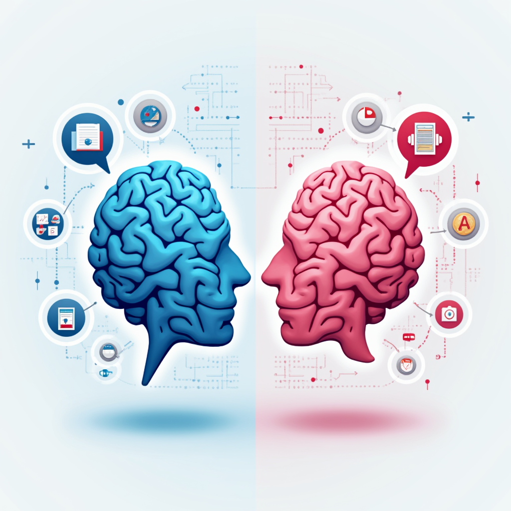 دو مغز انسانی در کنار هم، یکی به رنگ آبی و دیگری صورتی، با نمادهایی از احساسات، منطق و شخصیت اطراف آنها